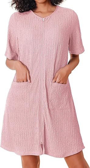 Ekouaer Women Zipper Robes Knit Short Bathrobe Lightweight House Coat with Pockets Soft Nightgown