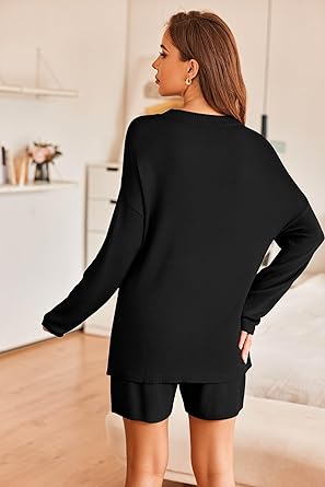 Ekouaer Pajamas Womens 2 Piece Lounge Set Cozy Knit Long Sleeve Sweater Shorts Set Oversized Matching Outfits