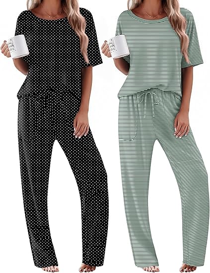 Ekouaer 2 Pack Womens Pajama Sets Short Sleeve Tops and Long Pants Casual Comfy Pjs Lounge Set with Pockets