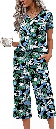 Ekouaer Women's Pajama Sets Short Sleeve Sleepwear Button Up Pj Loungewear Top and Capri Pants with Pockets