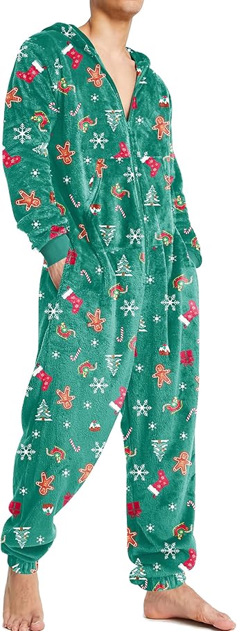 Ekouaer Mens Onesie Christmas Hoodie Fleece One Piece Pajamas Zipper Up Flannel Adult Pjs  Christmas Red L