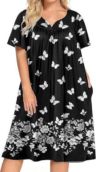 Ekouaer Women's Relaxed-Fit Mumu Dress Short Sleeve House Dress Momo Sleepdress with Pockets