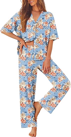 Ekouaer Women Pajamas Set Button Down Sleepwear Short Sleeve Pjs Soft Comfy Nightwear with Long Pants