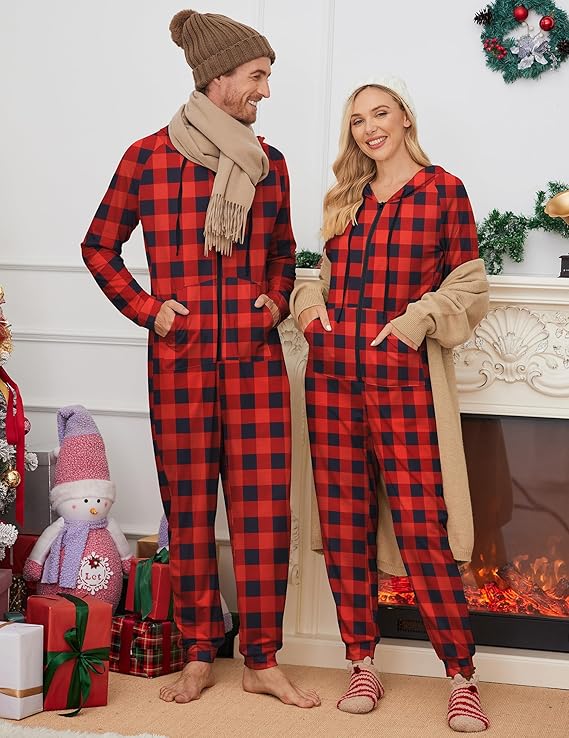 Ekouaer Christmas Onesie for Couples Zipper Hooded Adult Matching Onesie Pajamas with Pockets