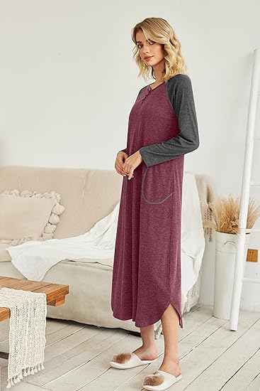 Ekouaer Women's Nightgown V-Neck Loungewear Long Sleeve Sleepwear Full Length Nightgown for Women
