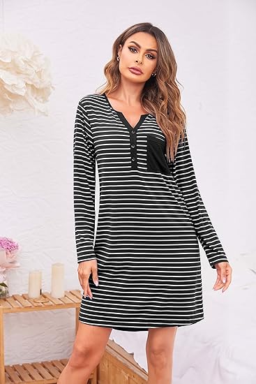 Ekouaer Women's Nightshirt Long Sleeve Button Down Nightgown V-Neck Sleepwear Casual Pajama Dress