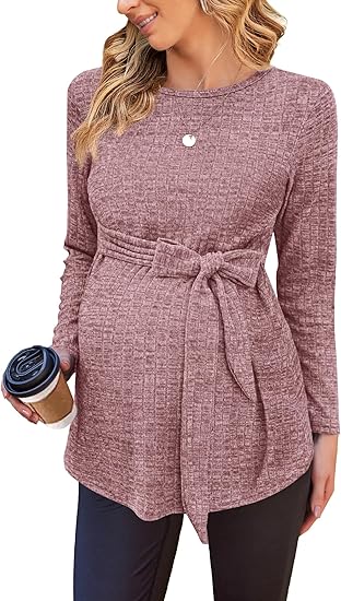 Ekouaer Women's Maternity Shirts Long Sleeve Pregnancy Tops Casual Ribbed Knit Winter Pregnant Blouses