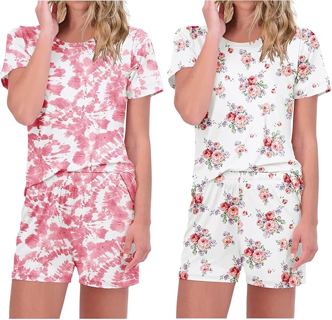 Ekouaer 2 Pack Pajamas Short Sleeve Top with Shorts Sets Comfy Pjs Lounge Sets Sleepwear for Women
