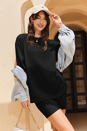 Ekouaer Women Cotton Lounge Sets Summer Outfits T-Shirt Top and Biker Short Set 2 Piece Matching Tracksuit