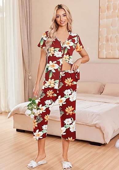 Ekouaer Women's Pajama Sets Short Sleeve Sleepwear Button Up Pj Loungewear Top and Capri Pants with Pockets