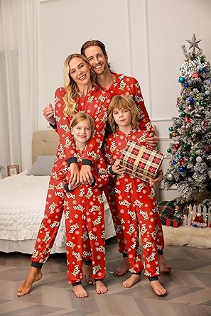 Ekouaer Christmas Onesie Matching Family Elk Antler Hooded Zipper One Piece Long Sleeve Pajamas with Pockets