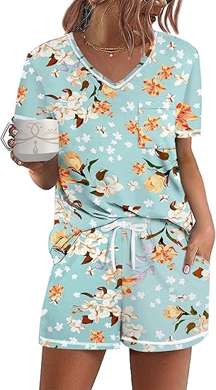 Ekouaer Women's Pajamas Sets Short Sleeve Lounge Sets Sleepwear Casual Two Piece Pjs With Pockets