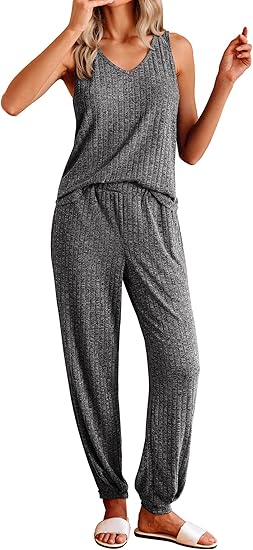 Ekouaer Women's Pajamas Sleeveless Summer Lounge Set Ribbed Knit Pj Loungewear Soft Tank Sleepwear Nightwear