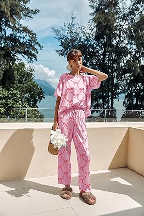 Ekouaer Womens Satin Silky Pajama Set Short Sleeve Shirt with Long Pajama Pant Set Soft PJ Loungewear