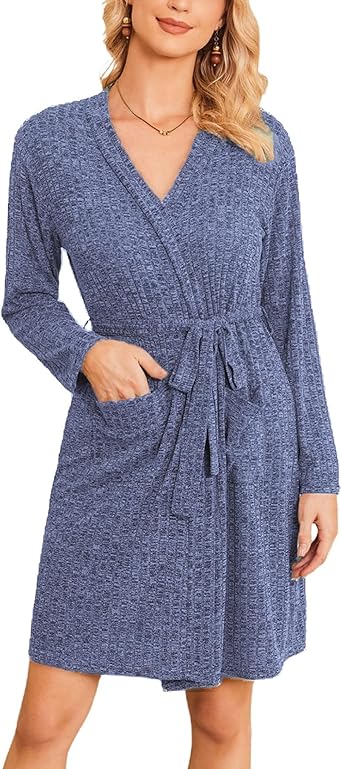 Ekouaer Women Robe Ribbed Knit Soft Bathrobe Knee Length Robes Stretchy Short Sleepwear with Pockets