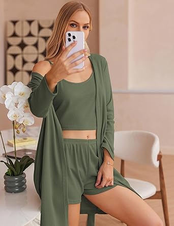 Ekouaer Pajamas for Women Set 3 Piece Lounge Set Soft Pajama Sets Waffle Knit Tank Top and Shorts Cardigan with Pockets