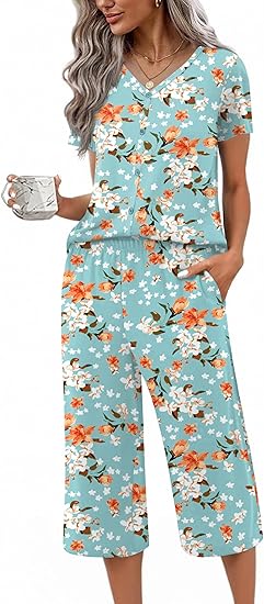 Ekouaer Women's Pajama Sets Short Sleeve Sleepwear Button Up Pj Loungewear Top and Capri Pants with Pockets