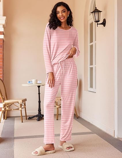 Ekouaer 2 Pack Women's Pajama Set Long Sleeve Top with Jogger Pants Lounge Sets Sleepwear Loungewear with Pockets