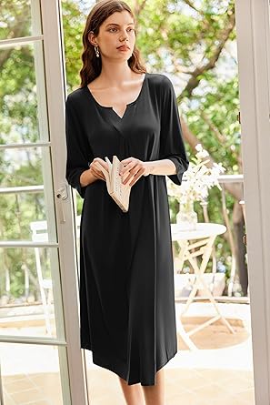 Ekouaer Long Nightgown for Women 3/4 Sleeves Nightshirt Maxi Sleep Dress Loungewear Full Length Sleepwear