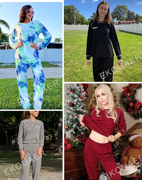 Ekouaer Pajamas Set for Women Soft Comfy Pjs Sets Long Sleeve Sleepwear Loungewear