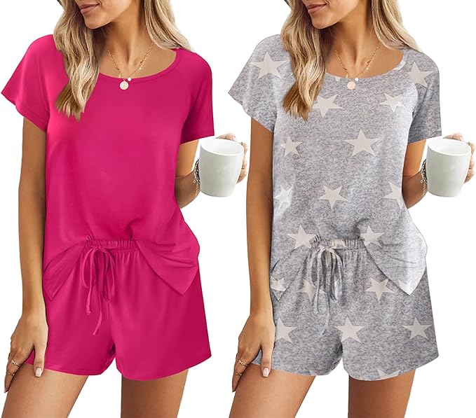 Ekouaer 2 Pack Womens Pajama Sets Short Sleeve Sleepwear Soft Crew Neck Pj Shorts Set Printed Loungewear Set