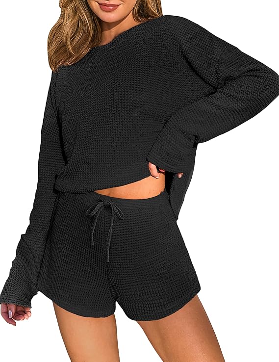 Ekouaer Waffle Knit Pajama Sets for Women Solid Lounge Sets Long Sleeve Top and Shorts Pjs