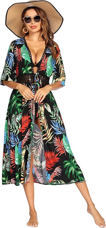 Ekouaer Women's Swimwear Cover Ups Open Front Beach Bikini Swimsuit Cardigan Cover Up Long Flowy Beachwear