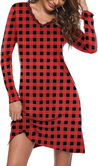 Ekouaer Long Sleeve Nightgowns for Women Sexy Lace Night Shirt V Neck Sleep Shirt Soft Sleepwear