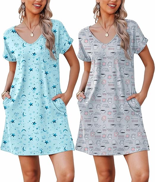 Ekouaer Womens 2 Pack Nightgown V Neck Sleepshirt Short Sleeve Nightshirt Soft Sleep Dress with Pockets