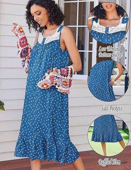 Ekouaer Nightgowns for Women Sleeveless Night Gown Victorian Sleep Shirt with Pockets Ladies Pajamas Lace Trim Sleepwear