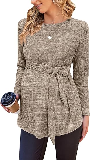 Ekouaer Women's Maternity Shirts Long Sleeve Pregnancy Tops Casual Ribbed Knit Winter Pregnant Blouses