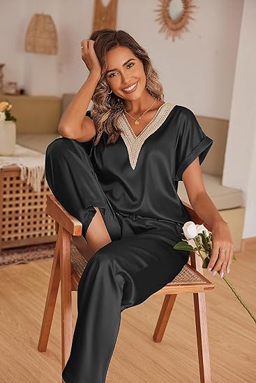 Ekouaer Silk Pajamas Set Womens Lace V Neck Loungewear Short Sleeve Satin Shirt with Long Pant Silky Pjs