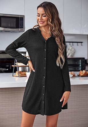 Ekouaer Nightgowns for Women Button Down Night Shirt Long Sleeve Ribbed Knit V-Neck Sleepwear Pajama Dress