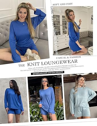Ekouaer Pajamas Womens 2 Piece Lounge Set Cozy Knit Long Sleeve Sweater Shorts Set Oversized Matching Outfits