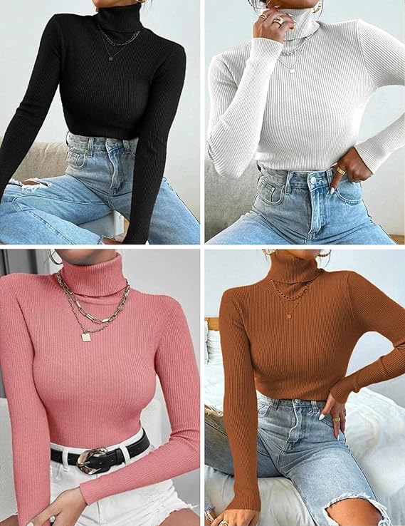 Ekouaer Women's Turtleneck Tops Ribbed Pullover Sweater Long Sleeves Shirts Midweight Thermal Underwear Blouse