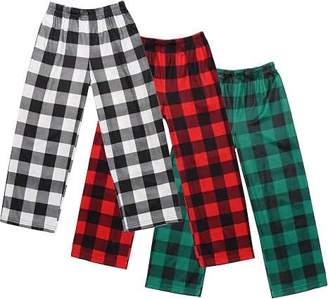 Ekouaer Boys Pajama 3 Pack Sleep Pants - Soft Elastic Waist Kids Plaid Lounge Bottoms With 2 Pockets