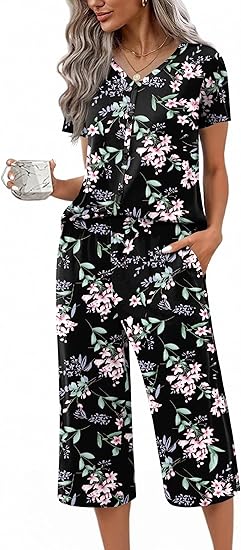 Ekouaer Women's Pajama Sets Short Sleeve Sleepwear Button Up Pj Loungewear Top and Capri Pants with Pockets