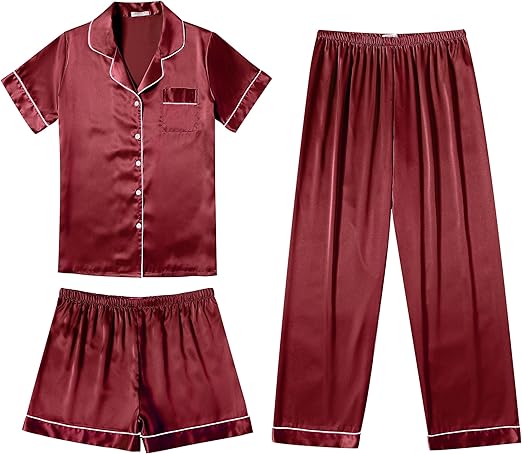 Ekouaer Silk Pajamas for Women Set Satin Pjs Soft Short Sleeve Button Down Sleepwear 3 Piece Loungewear