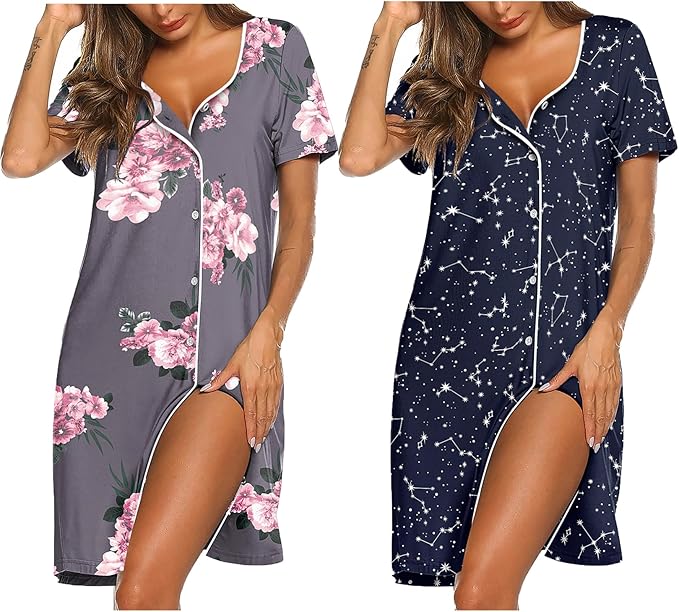 Ekouaer Nightgowns for Women 2 Pack Button Down Sleepshirt Short Sleeve Nightshirt Soft Sleepwear V Neck Pajama Dress