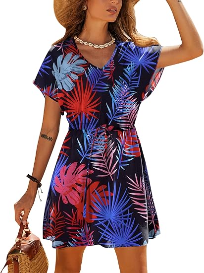 Ekouaer Women's Cover Ups Casual Swimsuit Coverups Flowy Tie Waist Beach Cover Up Dress