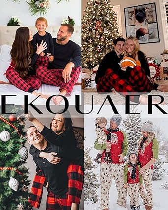 Ekouaer Family Matching Pajamas Christmas Sleepwear Long Sleeve Sleep Shirt with Plaid Pants Soft Loungewear Pjs Set