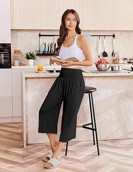 Ekouaer Womens Pajama Pants Wide Leg Capri Yoga Pants Lounge Comfy Sleep Pj Bottoms with Pockets