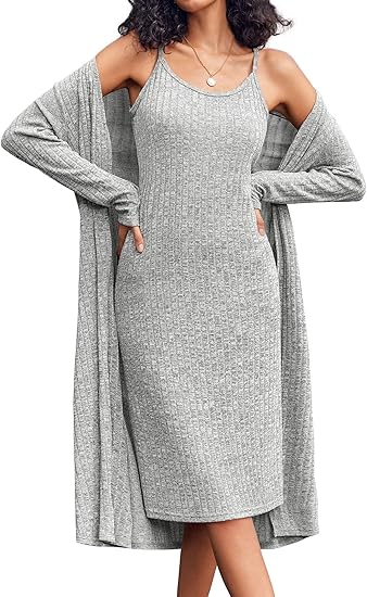 Ekouaer Womens Knit Robe Set 2 Piece Nightgown with Robes Long Sleeves Lounge Sets with Pockets