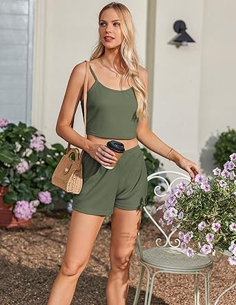 Ekouaer Pajamas for Women Set 3 Piece Lounge Set Soft Pajama Sets Waffle Knit Tank Top and Shorts Cardigan with Pockets