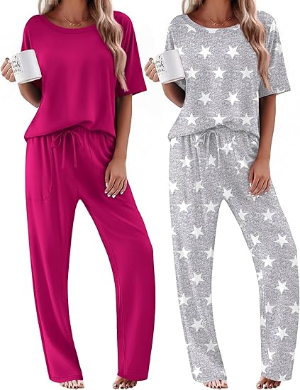Ekouaer 2 Pack Womens Pajama Sets Short Sleeve Tops and Long Pants Casual Comfy Pjs Lounge Set with Pockets