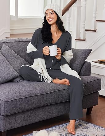 Ekouaer Womens Waffle Knit Pajamas Loungewear Two-piece Sleepwear Button-Down Pj Set with Pockets