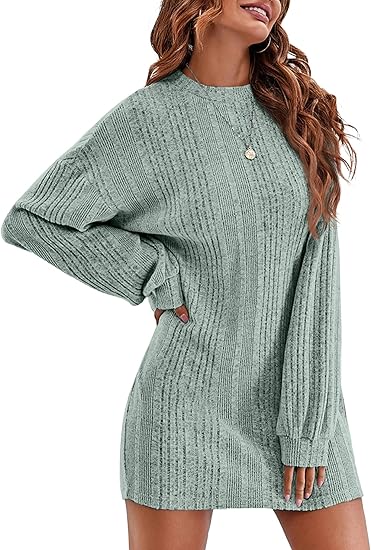 Ekouaer Women's Nightgown Long Sleeve Ribbed Knit Nightshirt Round Neck Sleep Shirt Soft Sweater Dress