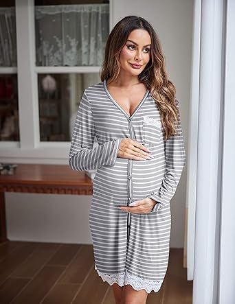 Ekouaer Women Striped Nightgowns Long Sleeve Button Down Sleepshirts Comfy Sleep Shirt