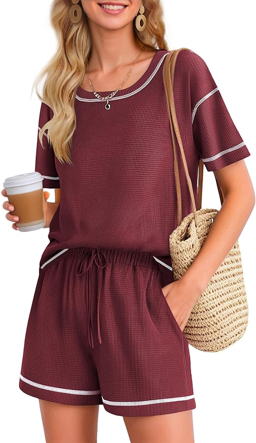 Ekouaer Women's Waffle Knit Two Piece Lounge Set, Soft Matching Outfits for Daily Wear, Casual Shorts Set with Pocket
