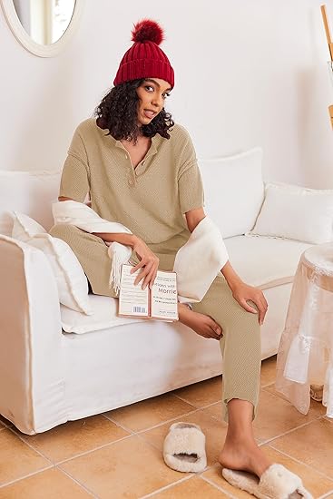 Ekouaer Lounge Sets for Women 2 Piece Pullover Sweater Set Knit Tops Wide Leg Pants Sweatsuits Casual Travel Outfits